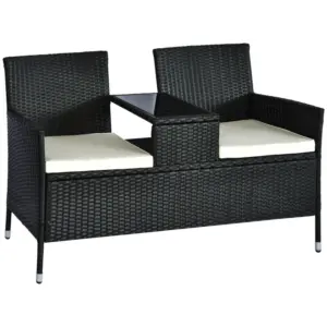 Best 2 Seater Rattan Campanion Chair Wicker Loveseat Outdoor Patio Armchair with Drink Table Garden Furniture - Black