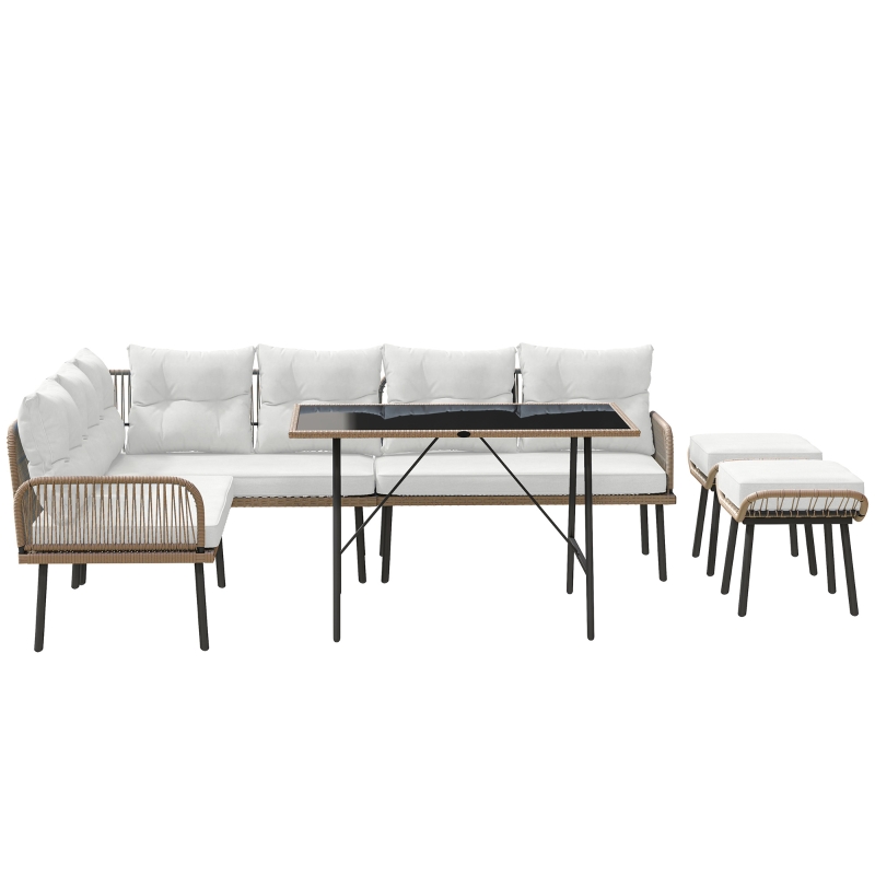 Best 6 Piece Rattan Garden Furniture Set, 8 Seater Garden Corner Sofa with Cushions and Glass Top Table, Sectional Outdoor Furniture Conservatory Set for Patio, Cream White - Image 11