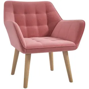 Best Accent Chair, Arm Chair with Wide Arms, Slanted Back, Thick Padding and Rubber Wooden Legs for Living Room, Pink