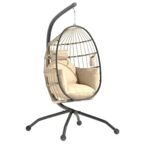 Best Hanging Egg Chair Outdoor Indoor Garden Swing Chair with Folding Basket and Thickened Cushion, Garden Hanging Chair with Stand, Headrest, Cup Holder for Patio, Balcony, Khaki