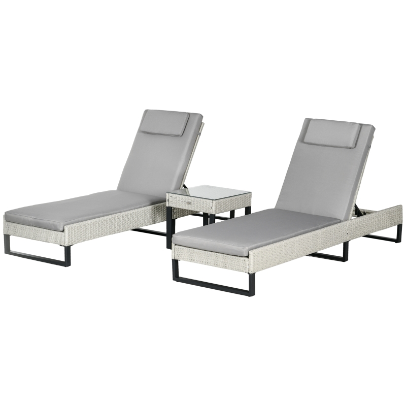 Best 3-piece PE Rattan Sun Lounger Set with Adjustable 5-Position Recliner, Patio Chaise Lounge Chair Set with Cushions, Headrests, Glass Top Square Coffee Table, Light Grey - Image 11