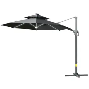 Best 3m Cantilever Parasol w/ Solar Lights Power Bank Base 360° Spin Dark Grey