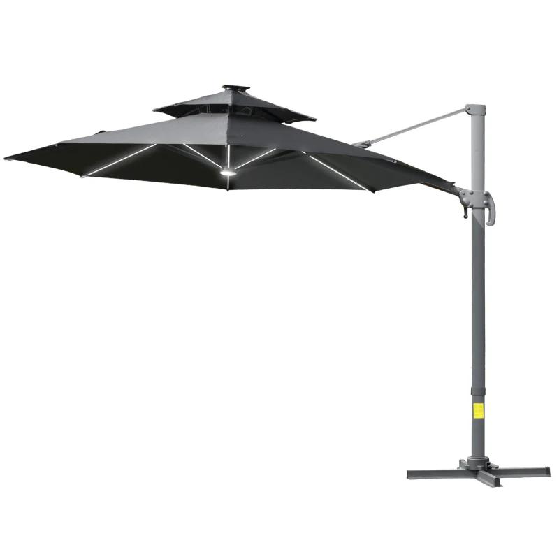 Best 3m Cantilever Parasol w/ Solar Lights Power Bank Base 360° Spin Dark Grey