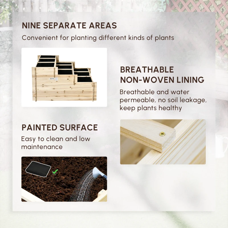 Best 117cm x 100cm x 54cm 3 Tier Raised Garden Bed 376L Fir Wood Elevated Planter Flower Box with 9 Grow Grids and Non-woven Fabric for Vegetables, Flower, Herb Outdoor Indoor Use - Image 4