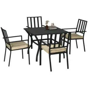 Best 5 Pieces Garden Dining Set with Cushions, Outdoor Patio Table and 4 Stackable Chairs, Metal Top Table with Umbrella Hole, Black