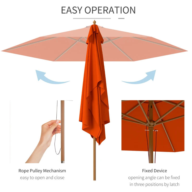 Best 2.5m Wood Garden Parasol Sun Shade Patio Outdoor Wooden Umbrella Canopy, Table Market Umbrella with Vent, 38mm Pole, Rope Pulley Mechanism, Orange - Image 5