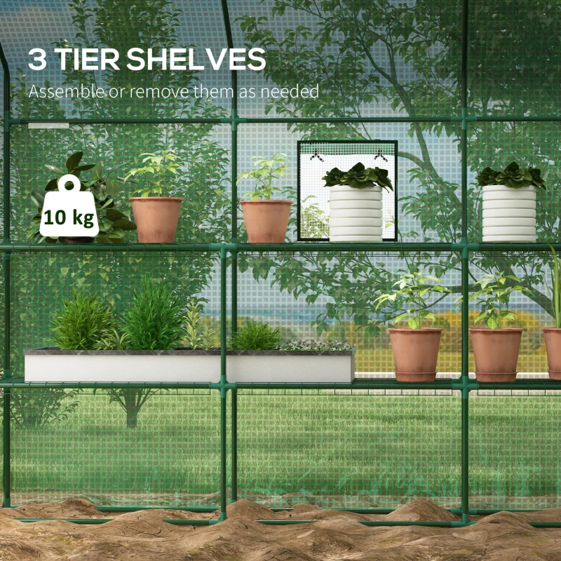 Best Walk-in Greenhouse with 3 Tier 12 Shelves, Small Greenhouse with Reinforced PE Cover, Garden Plant Growhouse with Roll-up Door and Three Mesh Windows, 140 x 213 x 190 cm, Green - Image 4