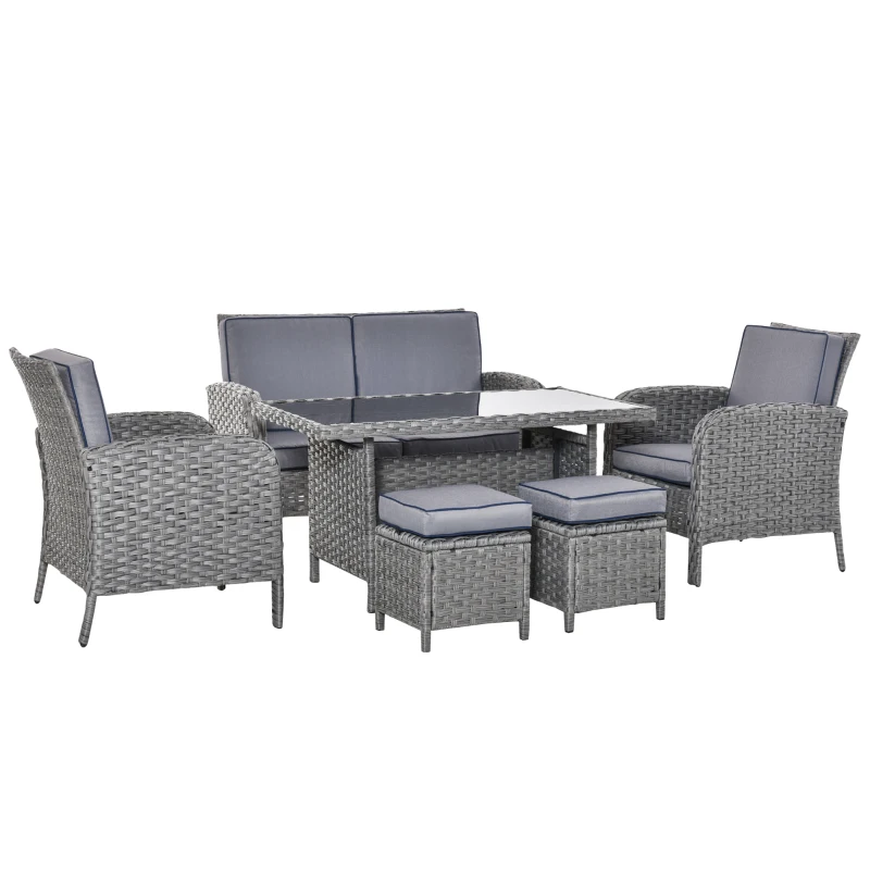 Best 6 Pieces Rattan Garden Furniture Set, 6 Seater Garden Sofa Set with Glass Top Dining Table, Loveseat, 2 Armchairs and Ottomans, Wicker Outdoor Conservatory Furniture for Patio, Grey