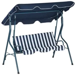 Best 3 Seater Garden Swing Seat Chair Outdoor Bench with Adjustable Canopy and Metal Frame, Blue Stripes