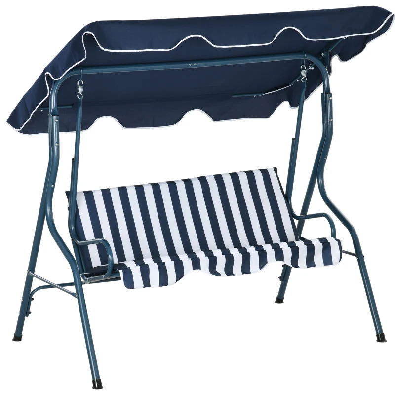Best 3 Seater Garden Swing Seat Chair Outdoor Bench with Adjustable Canopy and Metal Frame, Blue Stripes