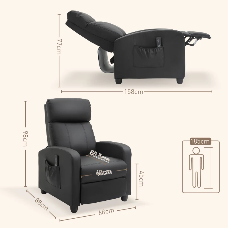 Best Recliner Armchair, Massage Faux Leather Push Back Reclining Chair with Adjustable Leg Rest, Side Pocket, for Home Living Room Theatre, Black - Image 3