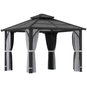 Best 3 x 3(m) Hardtop Gazebo Canopy with 7mm Double Polycarbonate Roof, Garden Gazebo Permanent Pavilion with Mosquito Netting and Curtains for Patio, Deck, Dark Grey