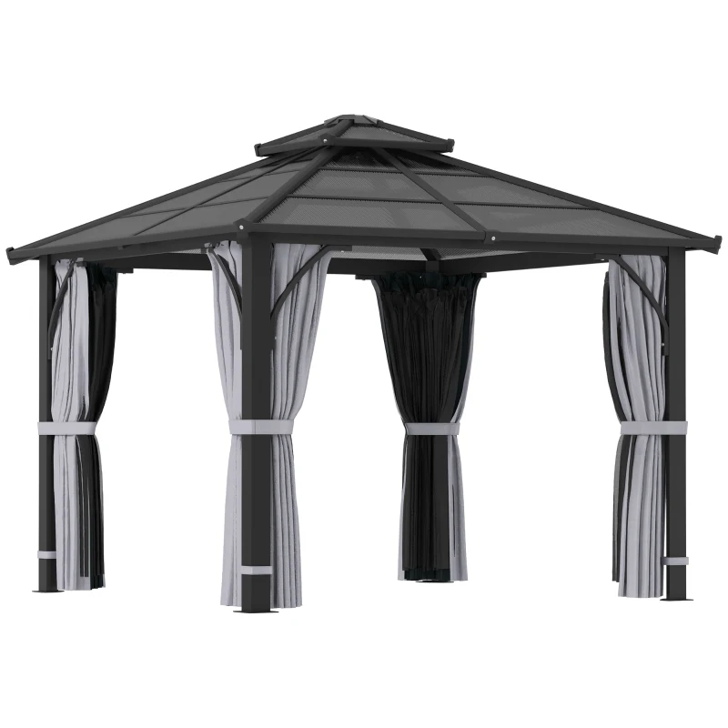 Best 3 x 3(m) Hardtop Gazebo Canopy with 7mm Double Polycarbonate Roof, Garden Gazebo Permanent Pavilion with Mosquito Netting and Curtains for Patio, Deck, Dark Grey