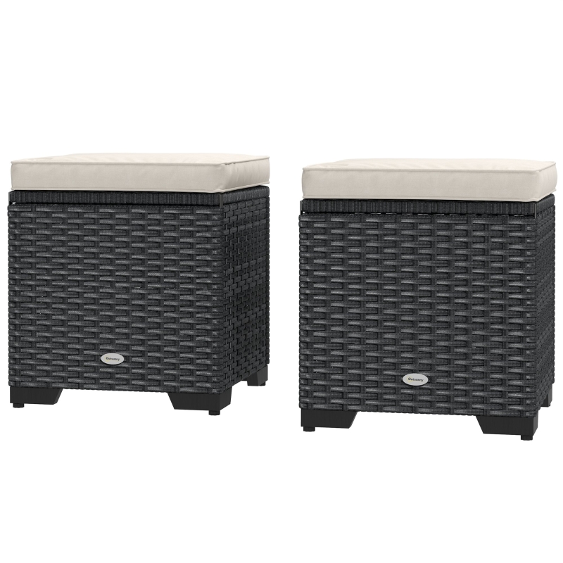 Best Set of 2 Rattan Storage Ottoman, Outdoor Footstool with Removable Cushions, Garden Storage Seat for Balcony, Poolside, Living Room, Cream - Image 11