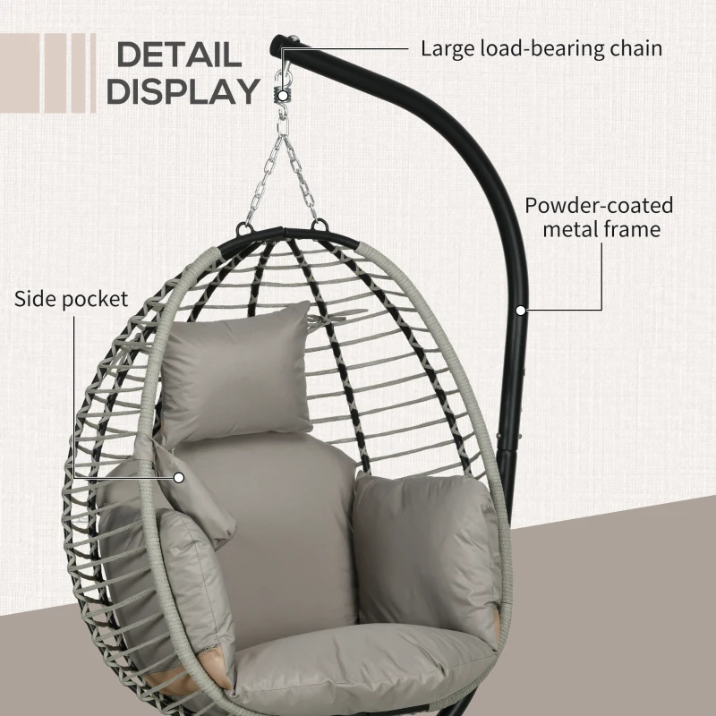 Best Single Rattan Hanging Egg Chair, with Seat Cushion - Grey - Image 7