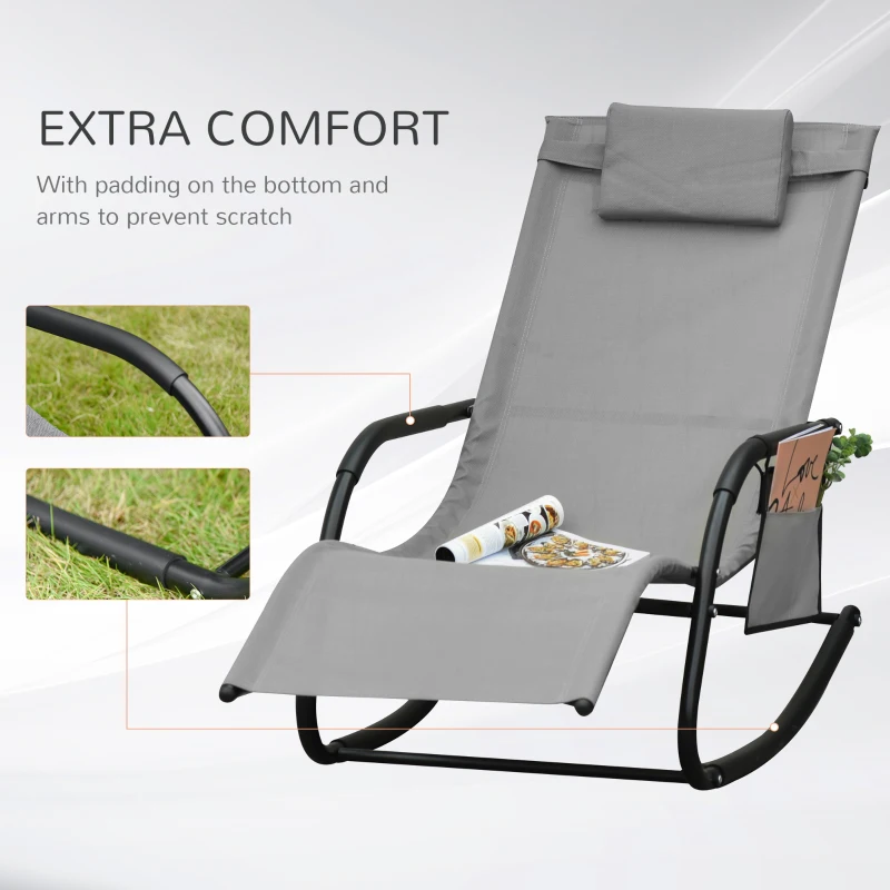 Best Outdoor Garden Rocking Chair, Patio Sun Lounger Rocker Chair with Breathable Mesh Fabric, Removable Headrest Pillow, Armrest, Side Storage Bag, Grey - Image 6