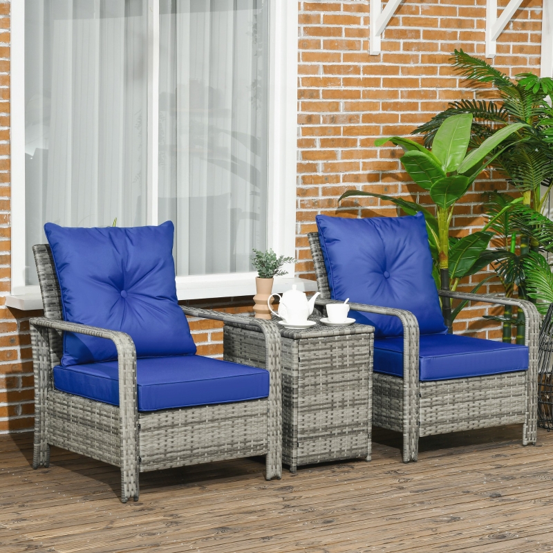 Best 3 Pieces Rattan Bistro Set, Wicker Garden Furniture Set with Storage Coffee Table and Chairs, Thickened Cushions for Outdoor, Patio, Balcony, Blue - Image 10