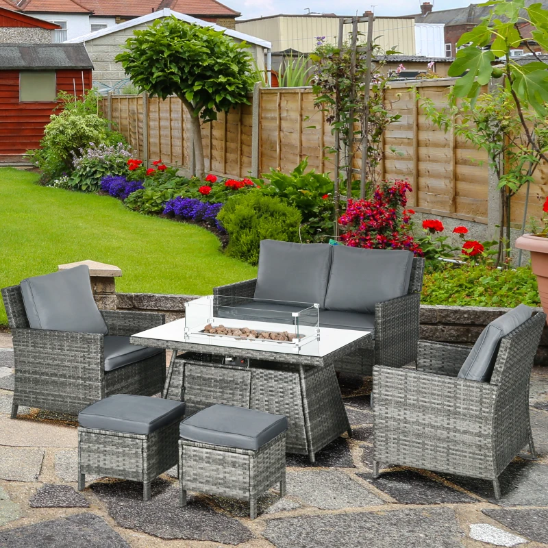Best 6 Seater Rattan Garden Furniture Set, Gas Fire Pit Table, Wicker Loveseat, 2 Armchairs and 2 Footstools, 6 Piece Patio Rattan furniture Sofa Sets with Cushions for Conservatory, Grey - Image 2