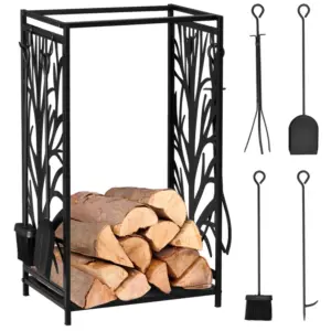 Best Steel Firewood Log Holder Indoor Outdoor Firewood Rack Fireplace Wood Storage Shelf with 4 Tools, Hooks, Tree Pattern Design, Rust-Resistant, Black, 46W x 30D x 70H cm