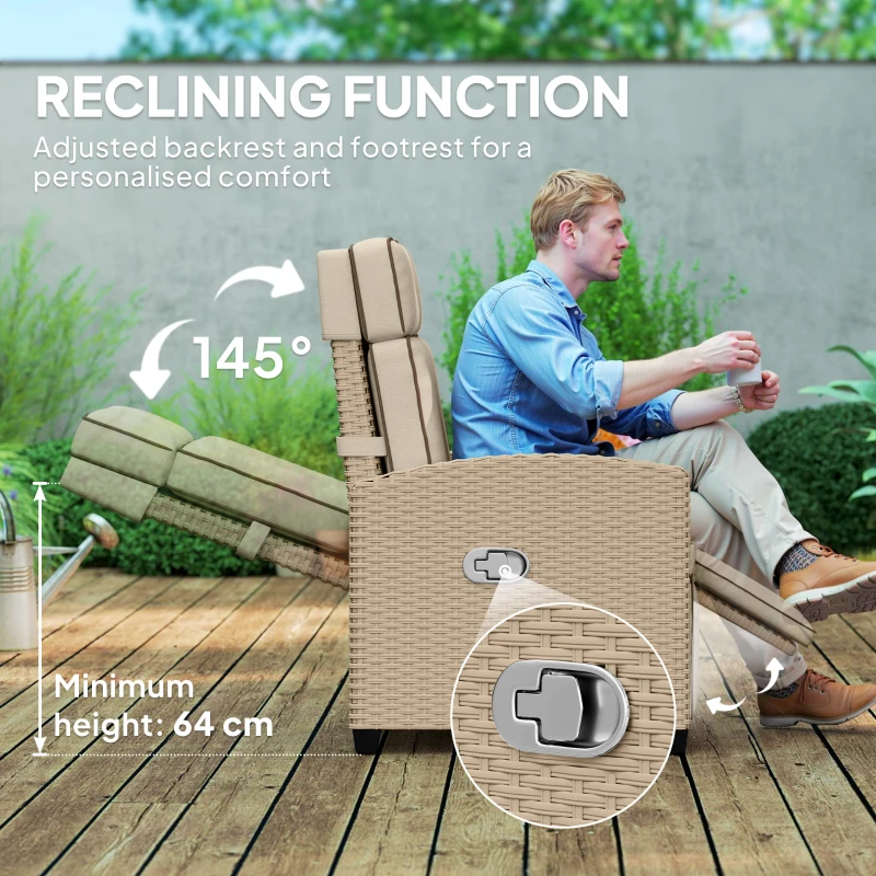 Best 145° Reclining Rattan Armchair, with Footrest - Khaki/Beige - Image 4