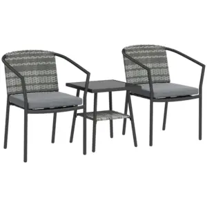 Best 3 Pieces Rattan Bistro Set with Cushions, Wicker Garden Furniture Set, Glass Top Coffee Table and Chairs for Outdoor Patio, Balcony, Terrace and Conservatory, Grey