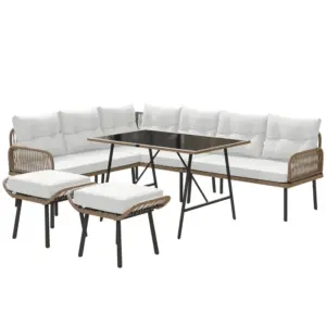 Best 6 Piece Rattan Garden Furniture Set, 8 Seater Garden Corner Sofa with Cushions and Glass Top Table, Sectional Outdoor Furniture Conservatory Set for Patio, Cream White