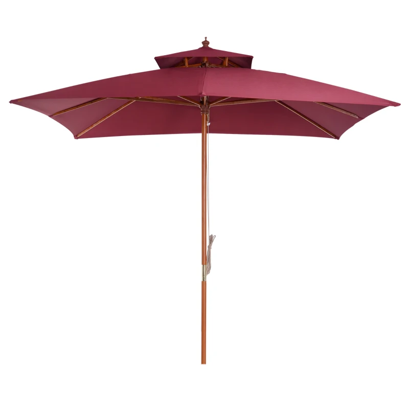 Best 3 x 3(M) Garden Parasol Umbrella Sunshade, Outdoor Wooden Parasol with Double Tier Canopy, Wine Red