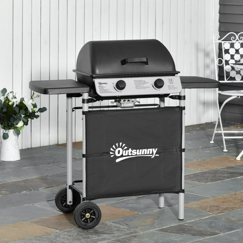 Best 2 Burner Gas BBQ Trolley with Lid, 5.6 kW Gas Barbecue Grill with Wheels, Side Shelves, Black - Image 10