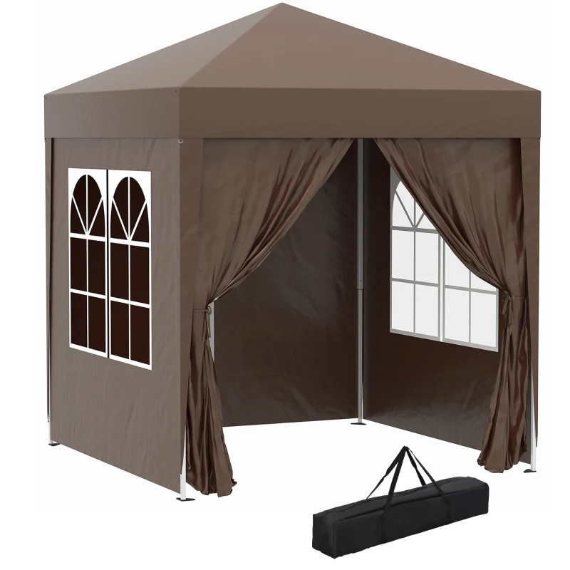 Best 2 x 2 m Garden Pop Up Gazebo, Wedding Party Tent Marquee, Water Resistant Awning Canopy with Sidewalls, Windows, Carry Bag, Coffee