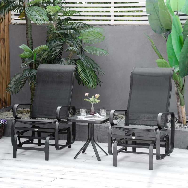 Best 3 Pieces Garden Gliding Chair Set, Metal Frame 2 Single Armchair Swing Seater and 1 Glass Top Coffee Table w/ Breath Mesh Fabric Seat, Black - Image 10