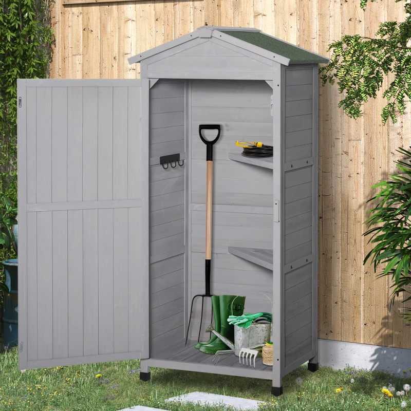 Best Wooden Garden Shed, Outdoor Storage Cabinet with 2 Shelves and Hooks, Locking Organiser Outdoor Narrow Tool House, 74x55x155cm, Grey - Image 2