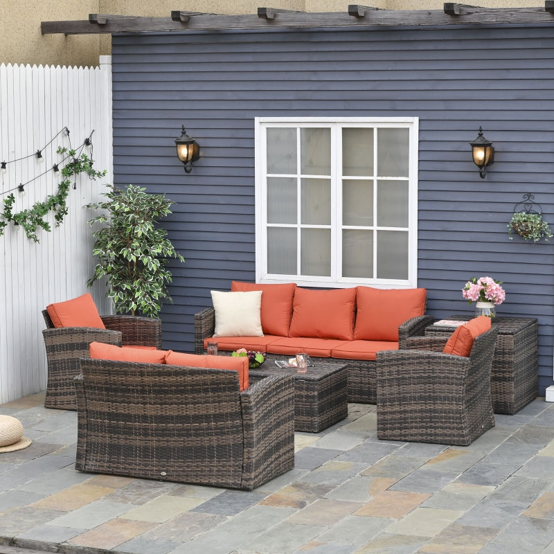 Best 6 Pieces Rattan Garden Furniture Set, 7 Seater Wicker Outdoor Furniture Set with Storage Tea Table & Side Table, Sectional Garden Sofa Set with Cushions, Orange - Image 10