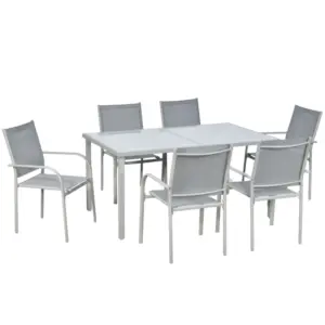 Best 7 Piece Garden Dining Set, Outdoor Table and 6 Stackable Chairs, Steel Frame, Tempered Glass Top Table, Mesh Seats, Grey