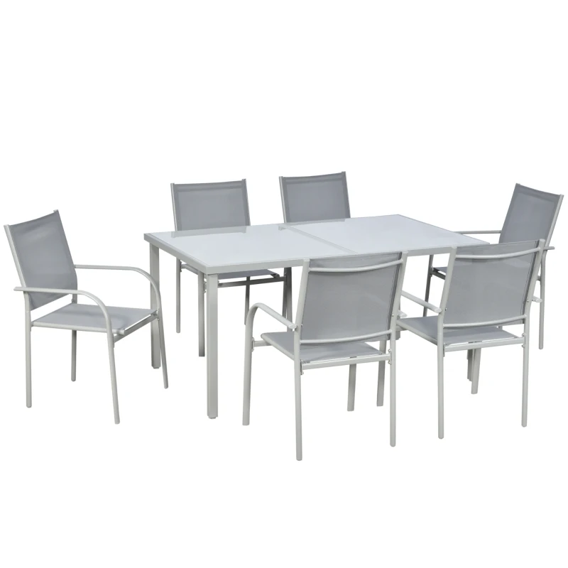 Best 7 Piece Garden Dining Set, Outdoor Table and 6 Stackable Chairs, Steel Frame, Tempered Glass Top Table, Mesh Seats, Grey