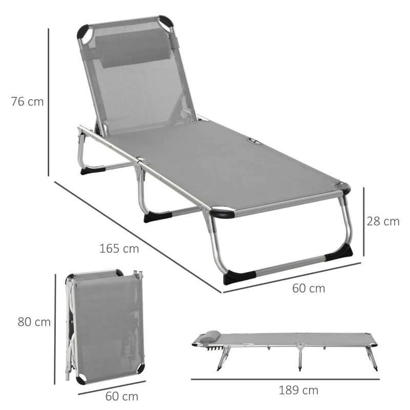 Best Foldable Reclining Sun Lounger Lounge Chair Camping Bed Cot w/ Pillow 4-Level Adjustable Back Aluminium Frame Grey - Image 3