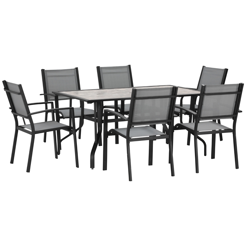 Best 7 Pieces Garden Dining Set, 6 Seater Garden Table and Chairs with Parasol Hole, Outdoor Furniture Armchairs and Stone-like Plastic Top Table with Breathable Mesh Fabric Seat, Grey - Image 11