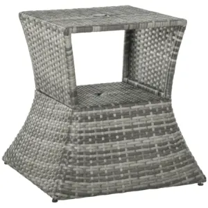 Best Outdoor Patio Rattan Wicker Coffee Table Bistro Side Table w/ Umbrella Hole and Storage Space, Grey