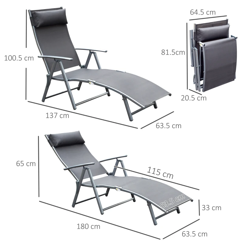 Best Sun Lounger Steel Frame Outdoor Folding Chaise Texteline Lounge Chair Recliner with Headrest & 7 Levels Adjustable Backrest, Grey - Image 3