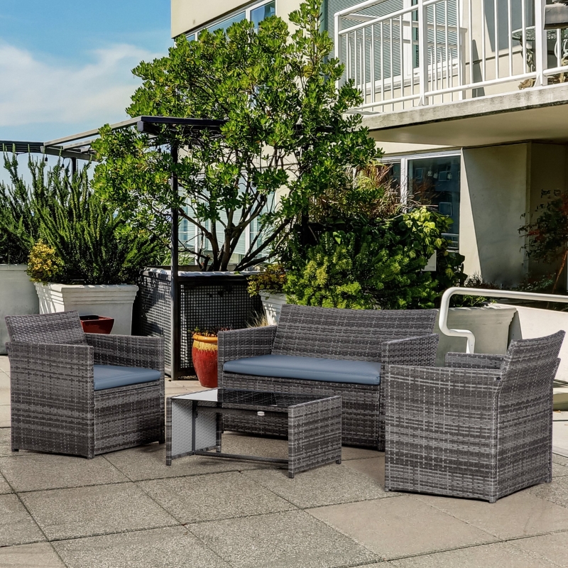 Best 4 Pieces PE Rattan Garden Sofa Set with Cushions, Outdoor Patio Wicker Weave Conservatory Furniture Set with a Loveseat, 2 Armchairs and a Glass Top Coffee Table, Grey - Image 10