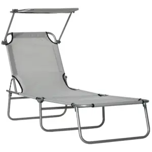 Best Outdoor Foldable Sun Lounger, 4 Level Adjustable Backrest Reclining Sun Lounger Chair with Angle Adjust Sun Shade Awning for Beach, Garden, Patio, Light Grey