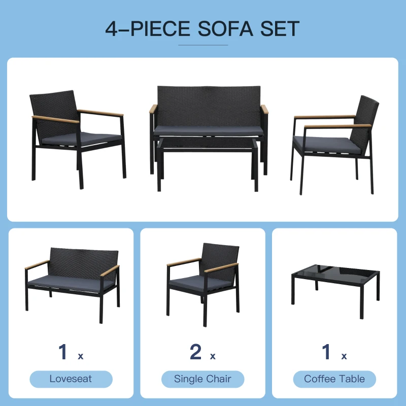 Best 4 Pieces Rattan Garden Furniture Set, 4 Seater Garden Sofa Set with Loveseat, 2 Armchairs and Glass Top Coffee Table, Wicker Outdoor Conservatory Furniture with Cushions for Patio, Black - Image 4