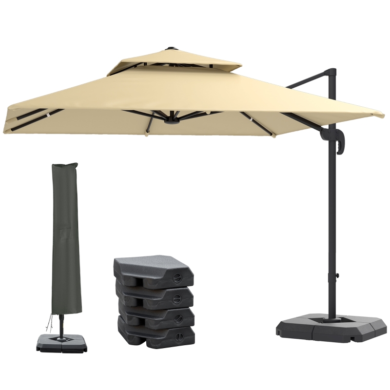 Best 2.7 x 2.7(m) Cantilever Parasol with Aluminium Frame, Crank and Tilt, 360° Rotation, Double Top Garden Umbrella with Base and Cover, Khaki - Image 11