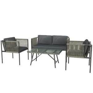 Best 4 Piece Rattan Garden Furniture Set, 4 Seater Wicker Outdoor Furniture Set with 2 Armchairs, Loveseat, Glass Top Coffee Table and Cushions for Balcony, Porch, Grey