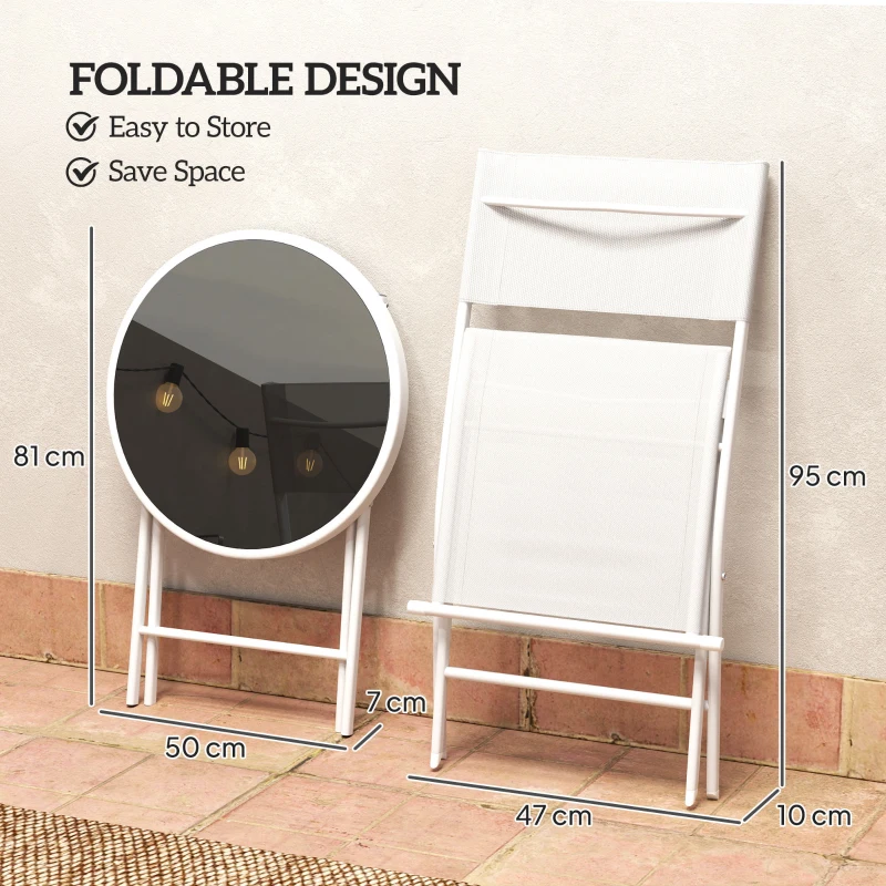 Best 3 Pieces Outdoor Bistro Set, Glass Top Outdoor Table and 2 Folding Chairs with Protecting Feet, White - Image 5