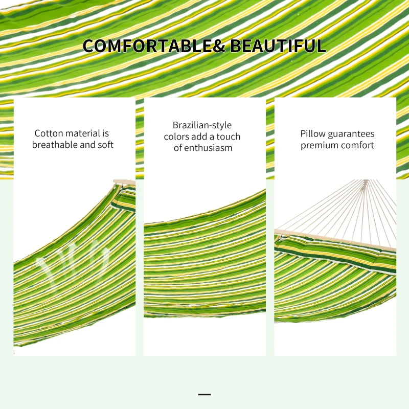 Best Outdoor Garden Hammock with Stand, Double Cotton Hammock with Adjustable Steel Frame, Swing Hanging Bed with Pillow, for Garden, Patio, Beach, Green Stripes - Image 5