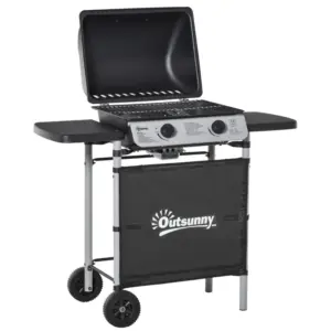 Best 2 Burner Gas BBQ Trolley with Lid, 5.6 kW Gas Barbecue Grill with Wheels, Side Shelves, Black