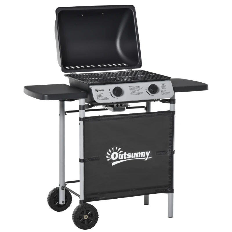 Best 2 Burner Gas BBQ Trolley with Lid, 5.6 kW Gas Barbecue Grill with Wheels, Side Shelves, Black