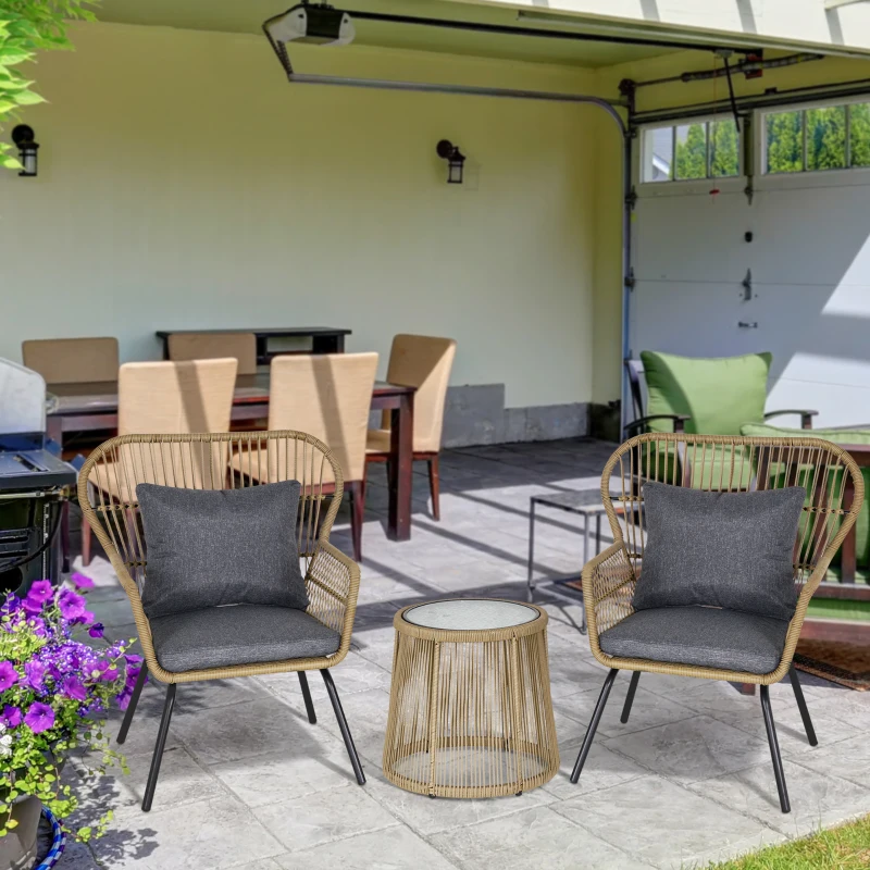 Best 3 Pieces Rattan Bistro Set, Wicker Garden Furniture Set with Cushions, Glass Top Coffee Table and Chairs for Outdoor, Patio, Balcony, Brown - Image 2