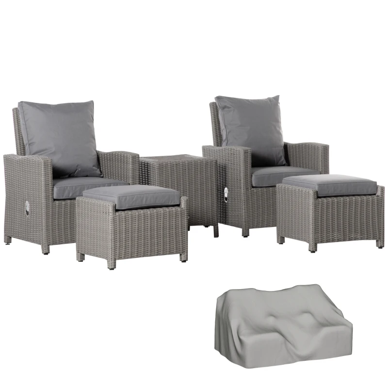 Best 5 Pieces Outdoor PE Rattan Garden Furniture with Cushions, Patio Lounge Adjustable Backrest Chairs, Footstools and Cooler Bar Coffee Table & Cover, Grey