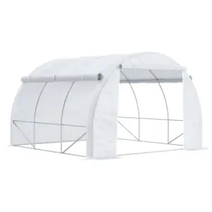 Best 3 x 3 x 2 m Polytunnel Greenhouse with Roll-up Side Walls, Walk-in Grow House Tent with Steel Frame, Reinforced Cover, Zipped Door and 6 Mesh Windows for Garden, White
